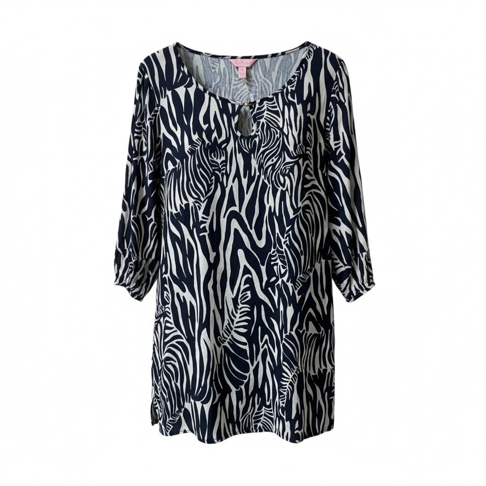 Lilly Pulitzer Entourage Zebra Print Navy White Lightweight 3/4 Sleeve Tunic Top